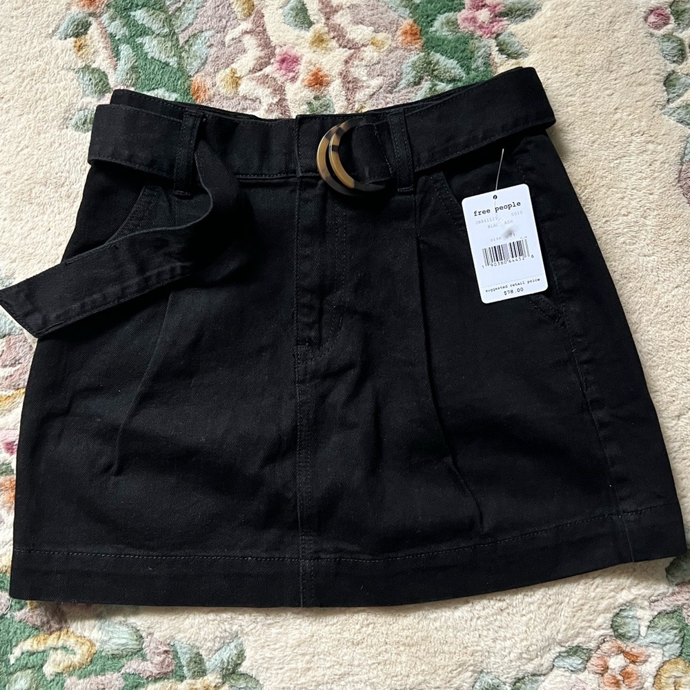 Free People Womens Straight Skirt Black Mini Belted Tortoise Shell Denim